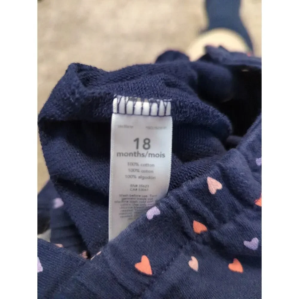 CARTER'S Navy Blue Knit Adjustable Overalls with Pink Hearts Ruffles 18 months